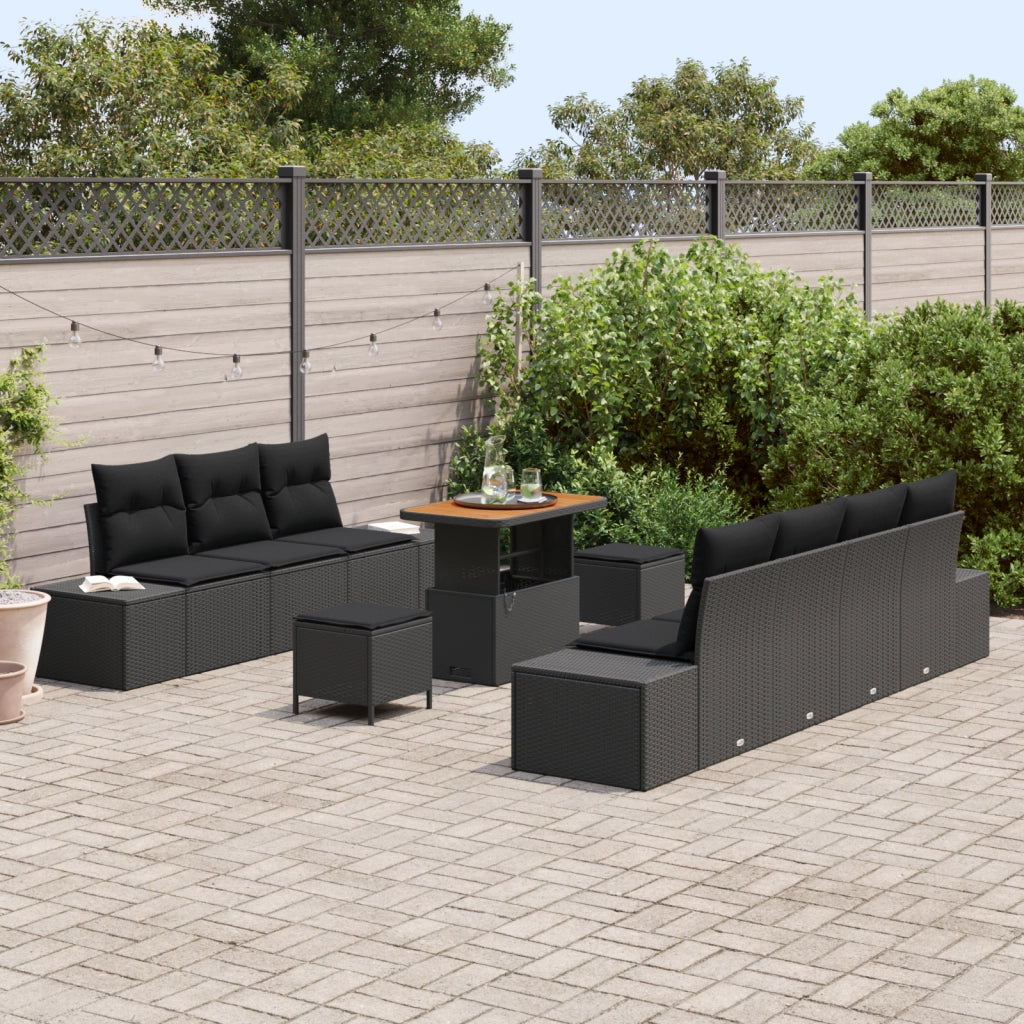 Set di Divano da Giardino  10 Pezzi con Cuscini Nero Polyrattan Acacia
