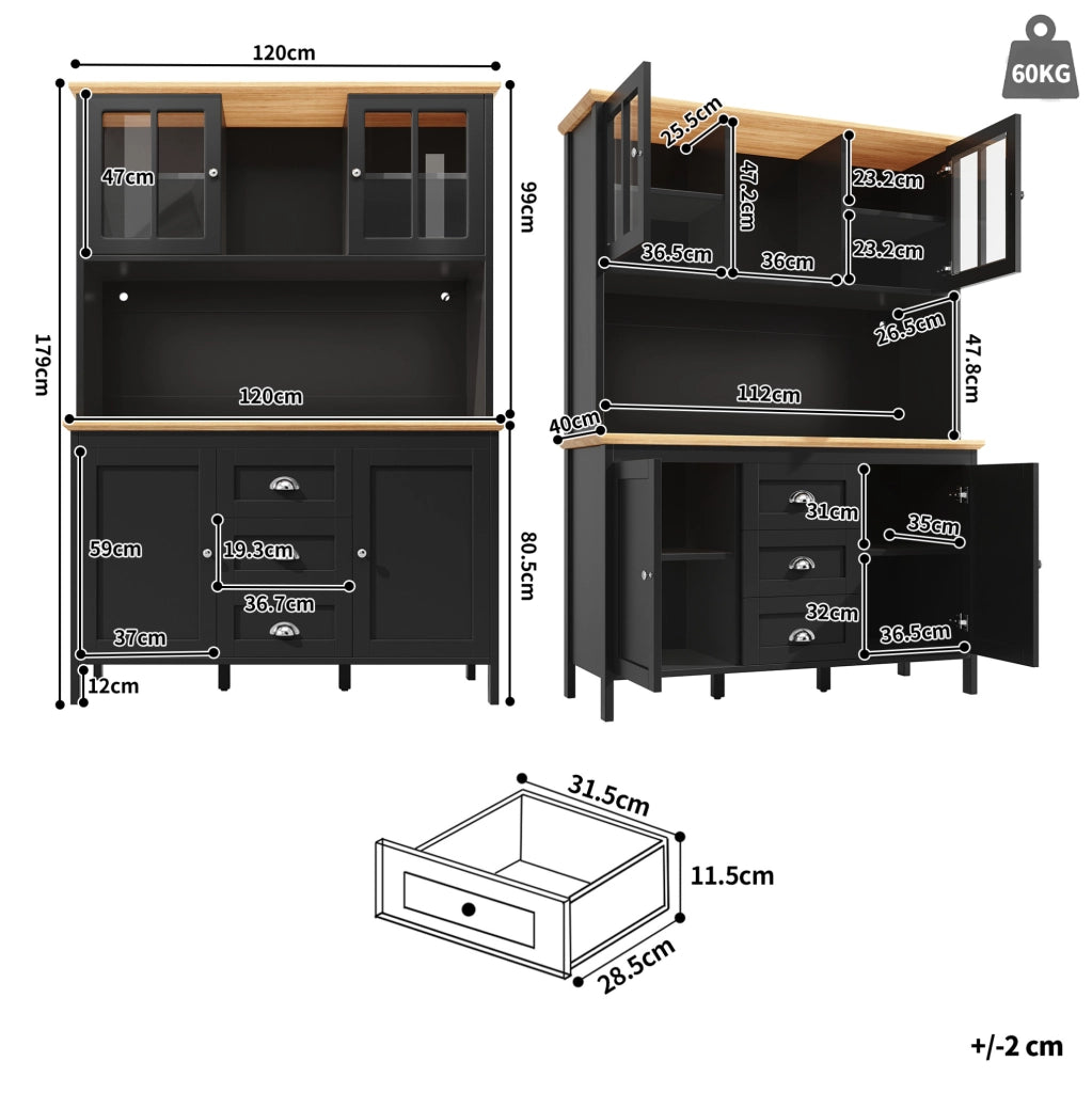 Credenza alta 120x40x179 cm con LED; 4 ante e 3 cassetti; MDF e metallo; nera