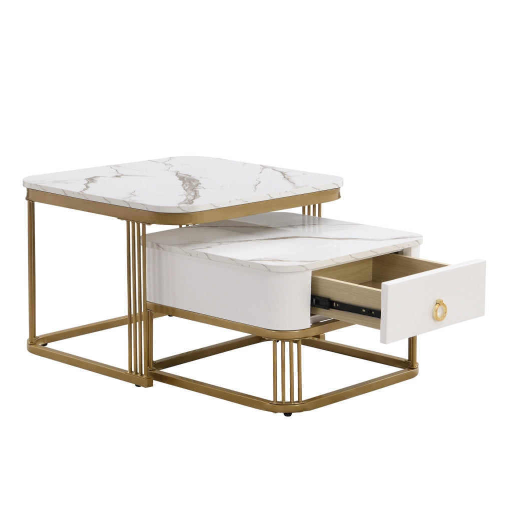 Set 2 tavolini da caffè sovrapponibili con cassetto; effetto marmo lucido; bianco e oro