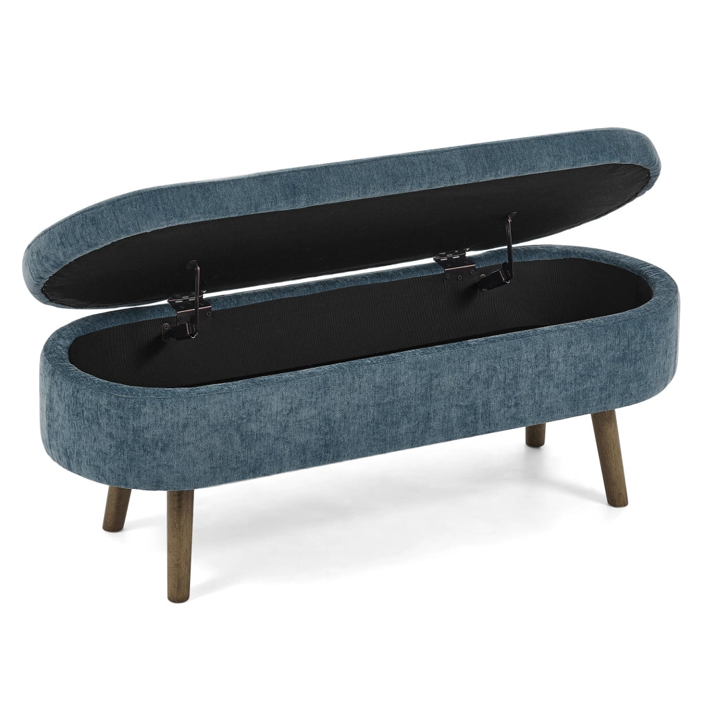 Panca contenitore ovale 110x40x42 cm in chenille blu con 20L di spazio interno