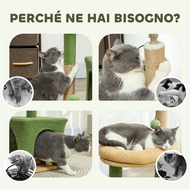 ALBERO TIRAGRAFFI PER GATTI CON CASETTA LETTINO E 2 PALLINE IN LEGNO E POLIESTERE 44X30X98 CM VERDE E MARRONE