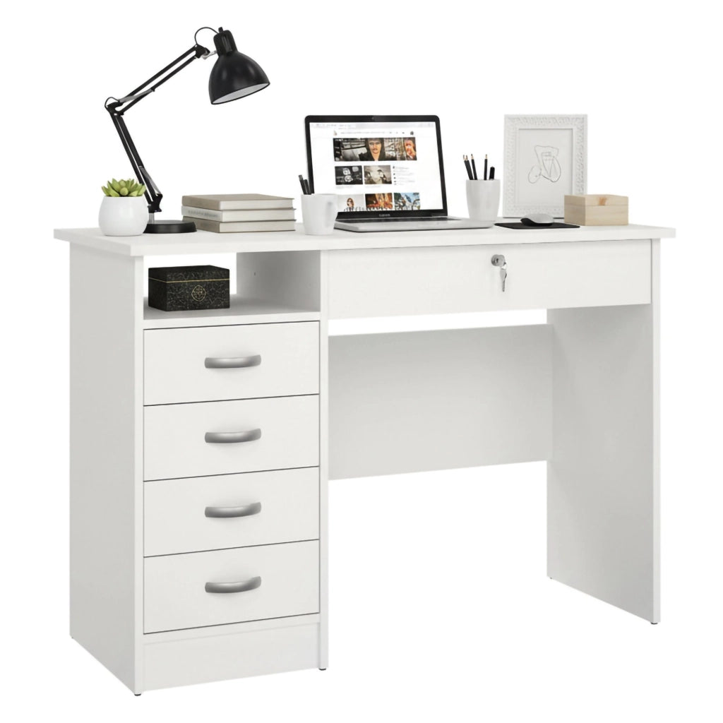 Scrivania a cinque Amor, colore bianco, Misure 109 x 75 x 48 cm