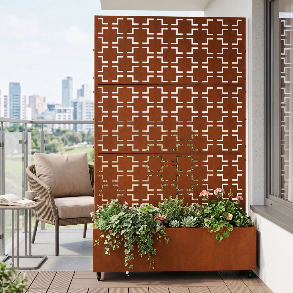 Fioriera con Spalliera Aaskis a Rotelle in Acciaio Corten 190 x 120 x 38 cm - Marrone Ossidato casa.pro