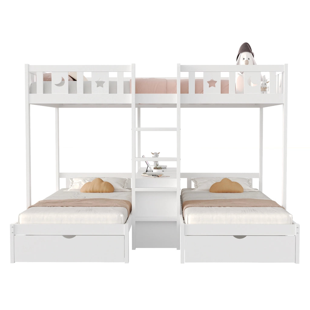 Letto a Soppalco con Scala, Cassetti e Contenitore ¨C MINIMAL ¨C Massello Bianco 90x200 / 140x200