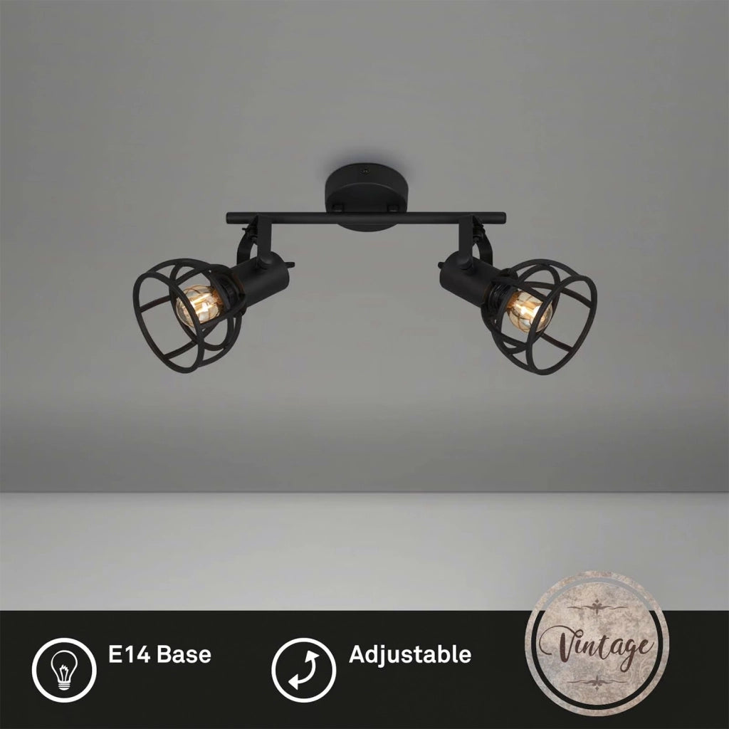 Plafoniera Vintage Korbo Acciaio Nero 2 Luci E14 Ip20