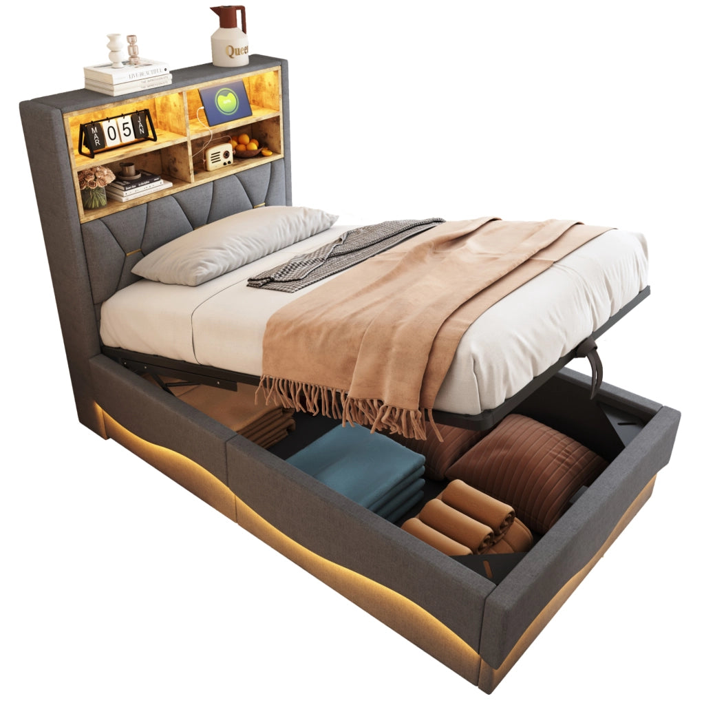 Letto imbottito 90x200 cm con contenitore; LED e USB in lino e metallo grigio
