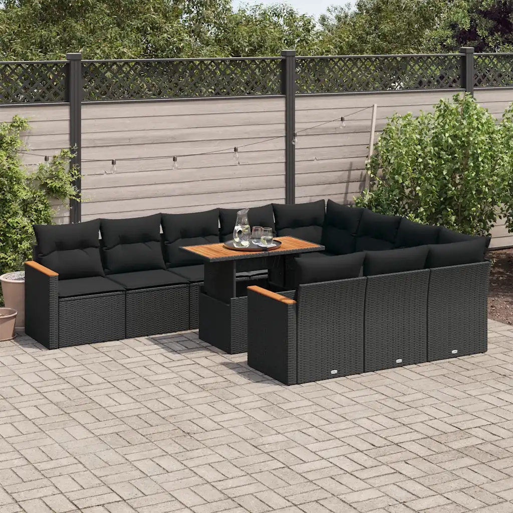Set Divani da Giardino 11 pz con Cuscini Polyrattan Acacia Nero 3327534