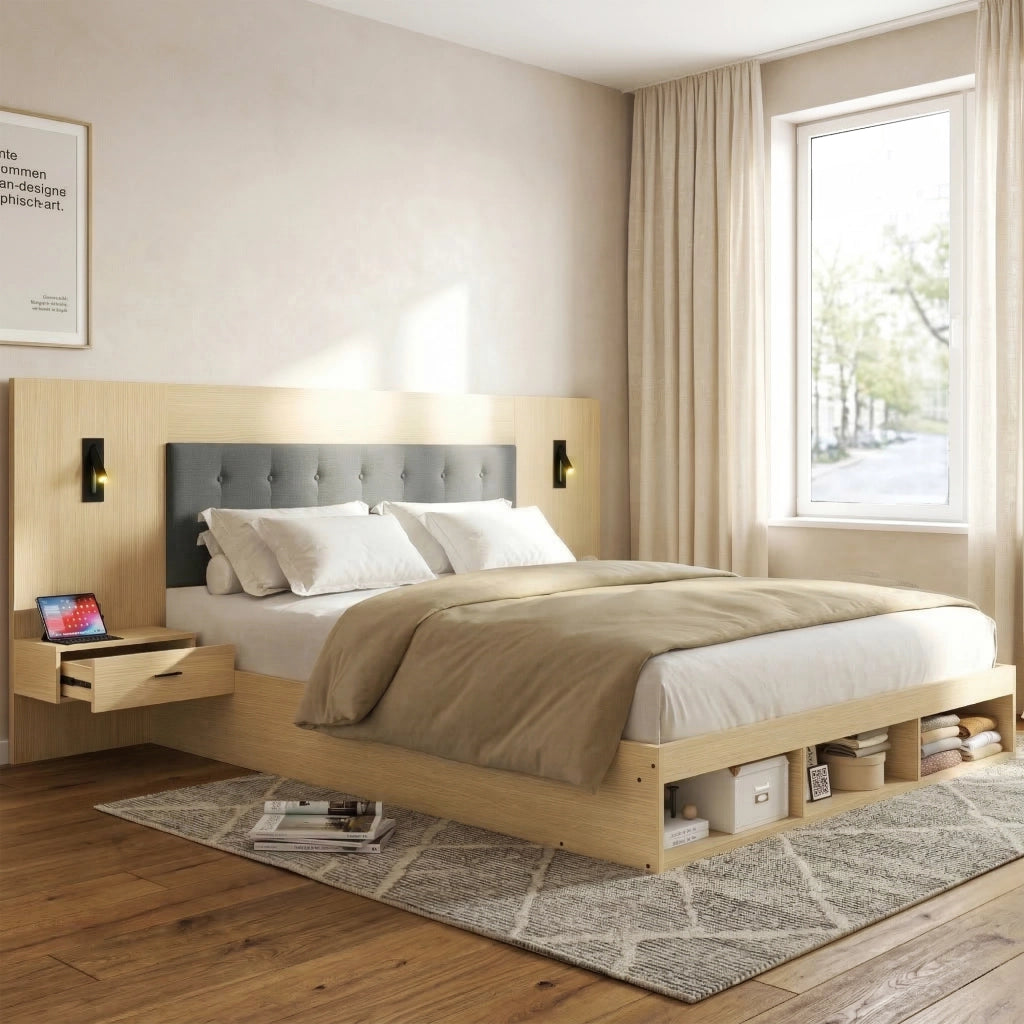 LETTO 160x200 cm con 2 comodini, MDF, Quercia Chiara