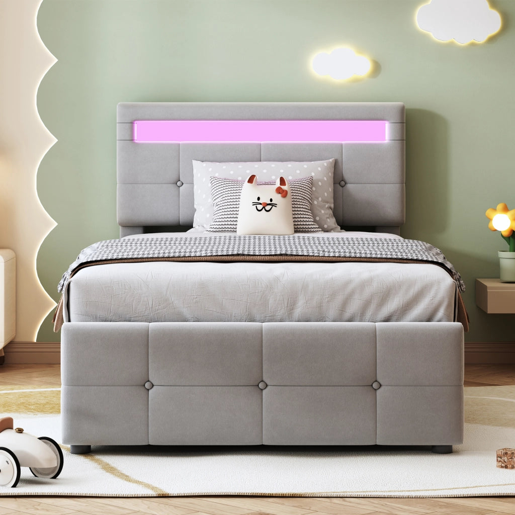 OKWISH Letto contenitore per bambini 90×200 cm, Letto Singolo con LED, Contenitore idraulico e Testiera Regolabile, senza Materasso, Grigio