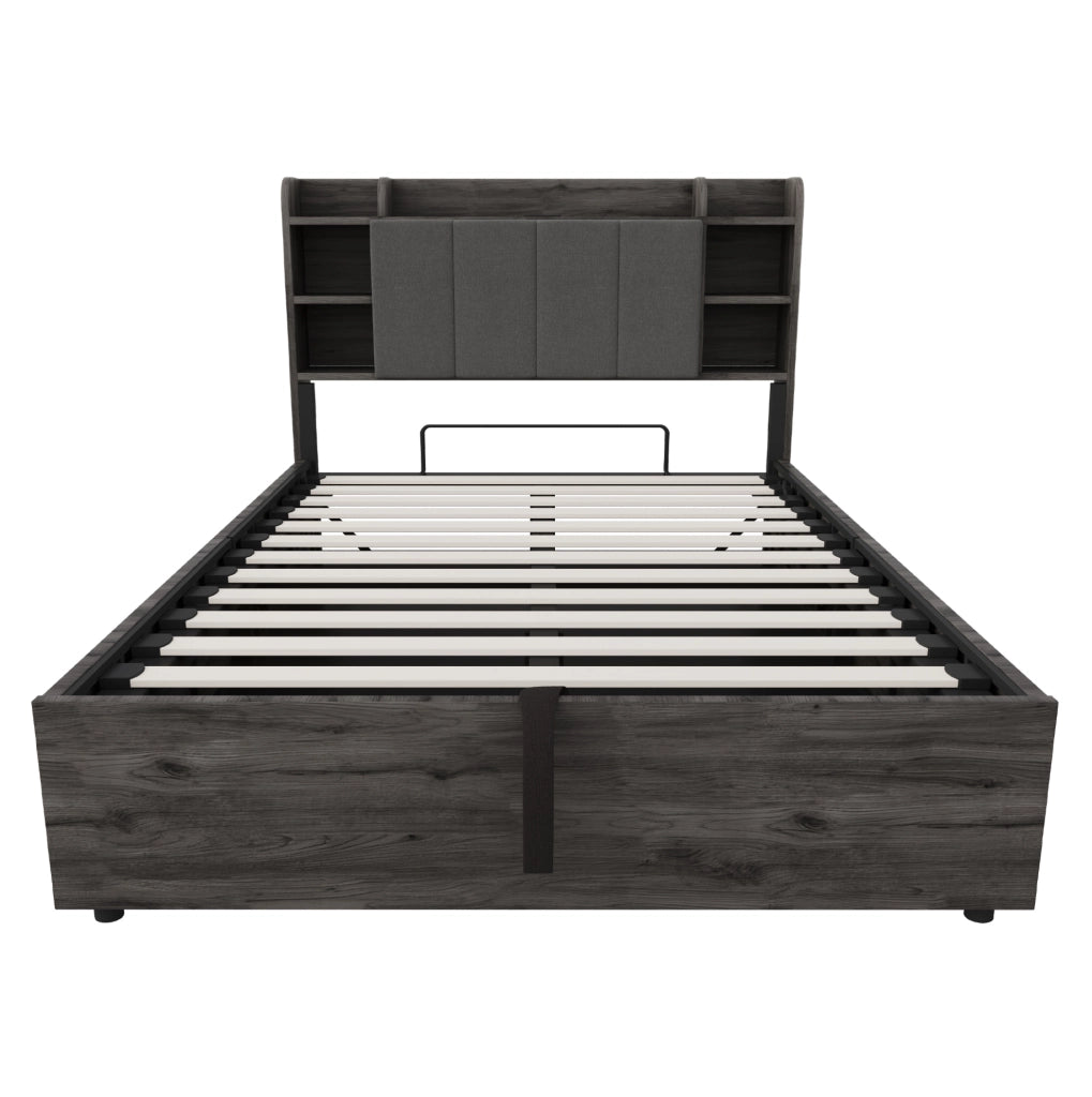 Letto 140x200 cm con contenitore idraulico; USB e vani in MDF grigio