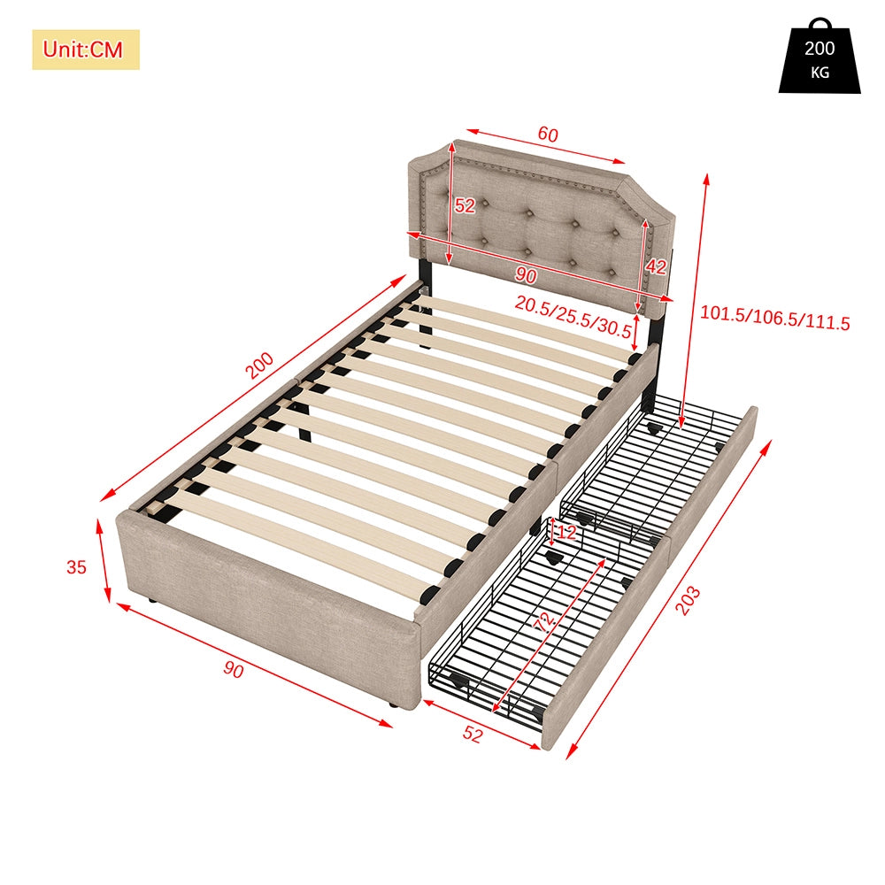 Letto singolo imbottito con 2 cassetti - Xylo - 90x200 cm - Beige scuro - Rivetti decorativi