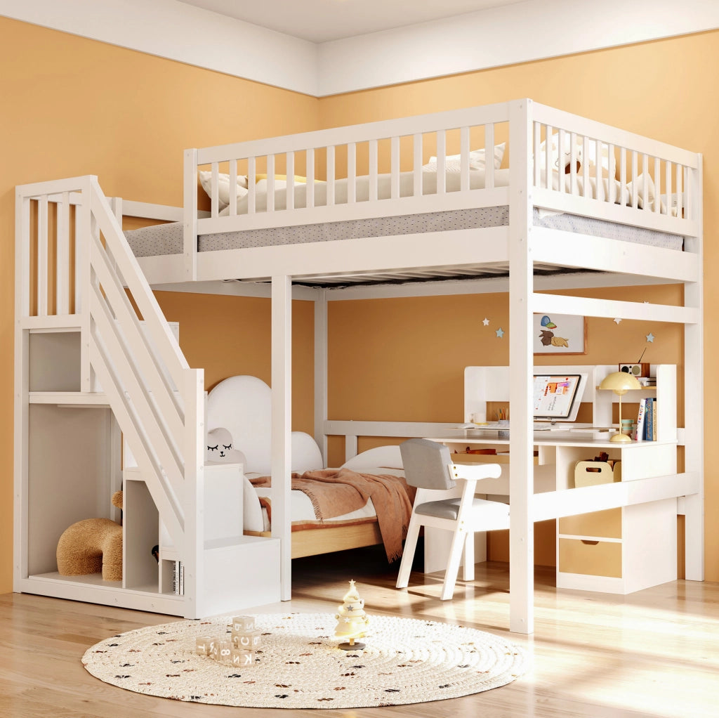 Letto singolo rialzato 140x200 cm in legno con scala contenitore; sponde alte; bianco