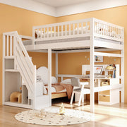 Letto singolo rialzato 140x200 cm in legno con scala contenitore; sponde alte; bianco