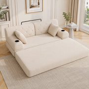 Divano letto in velluto a coste beige con tasche e portabicchieri