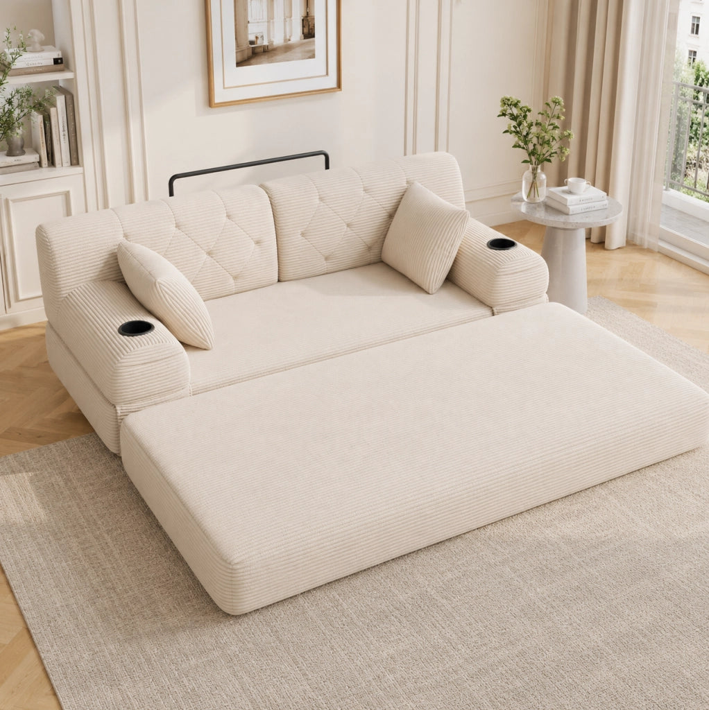 Divano letto in velluto a coste beige con tasche e portabicchieri