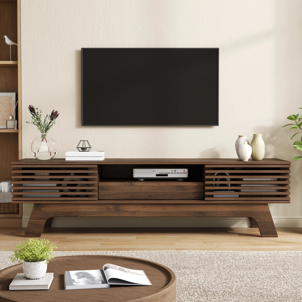 Mobile TV 150x35x44 cm con ante a lamelle in MDF noce