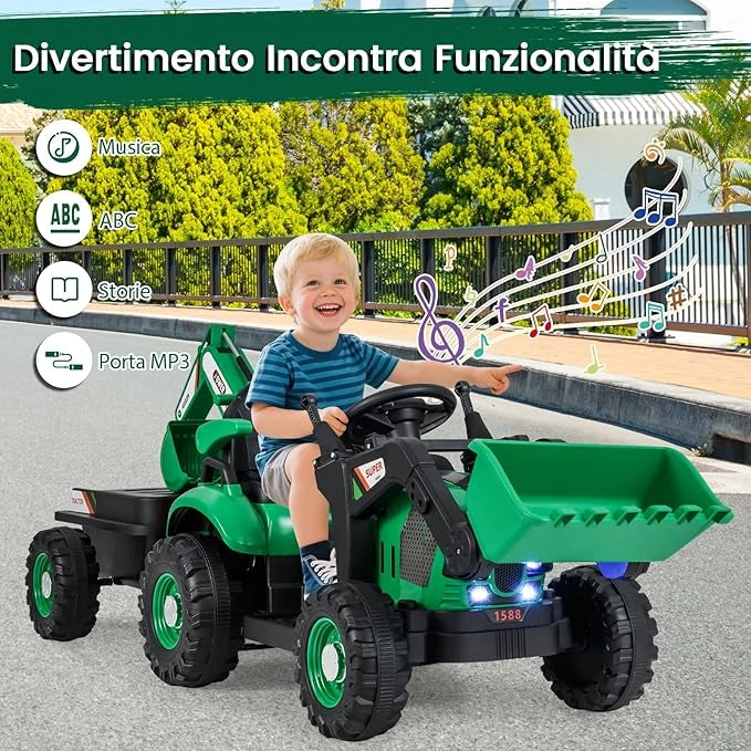 4 in 1 Trattore Elettrico per Bambini, Trattore Cavalcabile per Bambini 3-8 Anni con Telecomando Rimorchio e Cucchiaia Staccabile, Velocità Regolabile, Doppi Motori (Verde)
