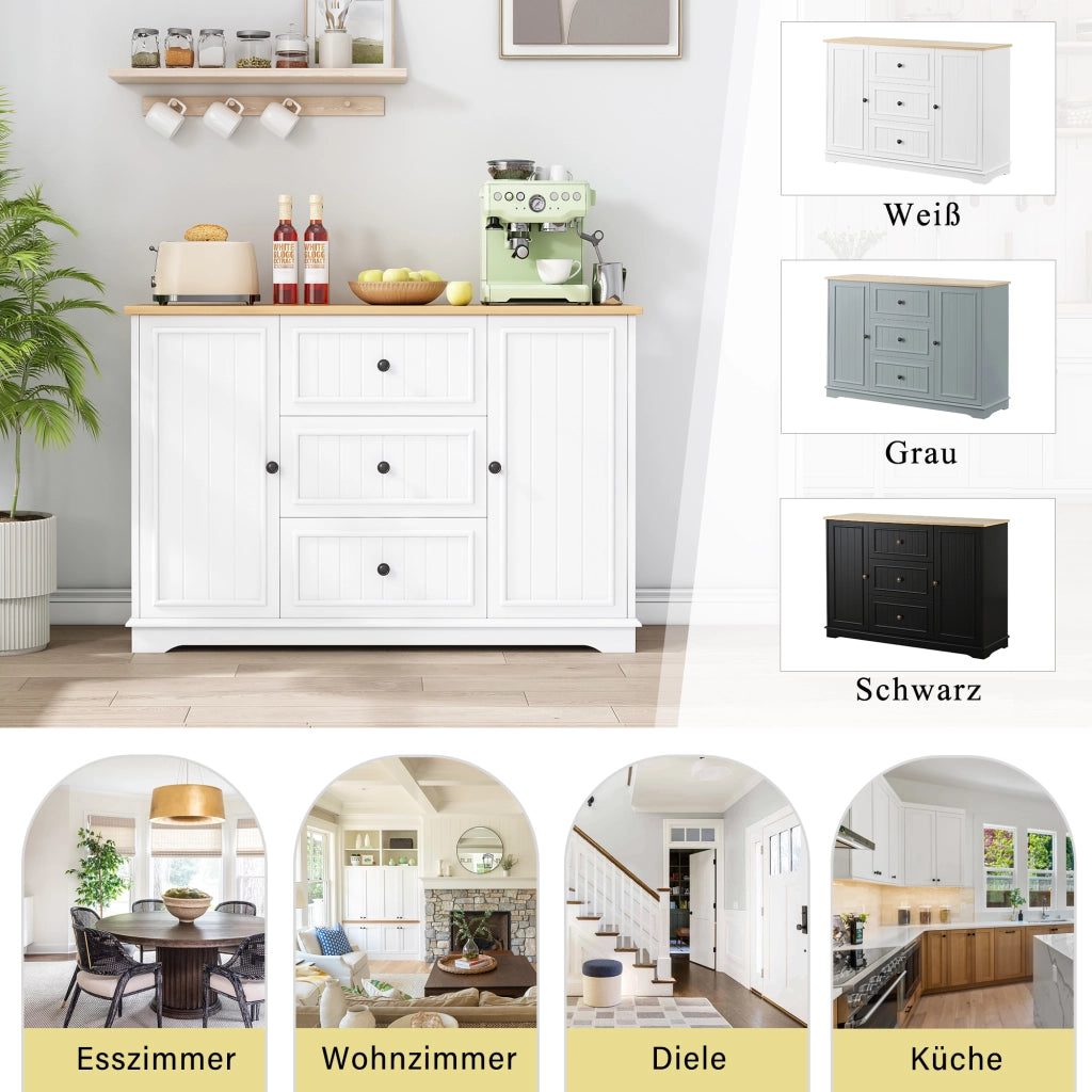 Credenza e madia con 3 cassetti, ante e ripiani regolabili per cucina soggiorno e sala da pranzo in MDF bianco 126 × 40 × 86 cm