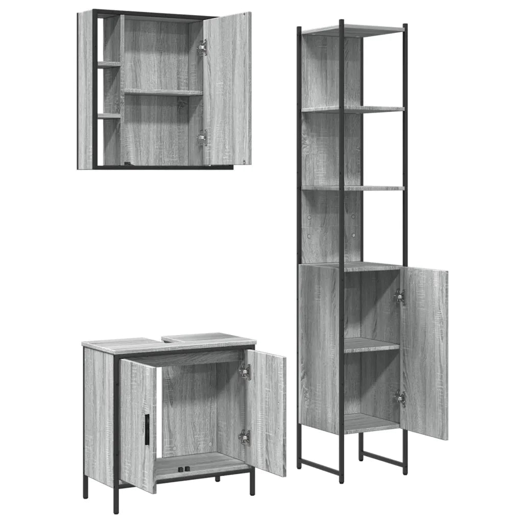 Set Mobili da Bagno | Armadio da bagno 3 pz Grigio Sonoma in Legno Multistrato