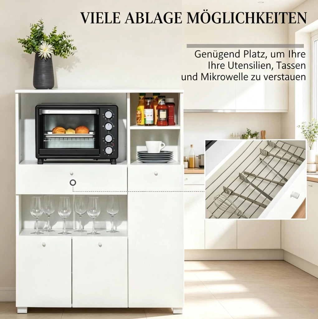 Mobile da cucina per microonde 90x40x120 cm bianco con 2 armadi; cassetto e 4 vani