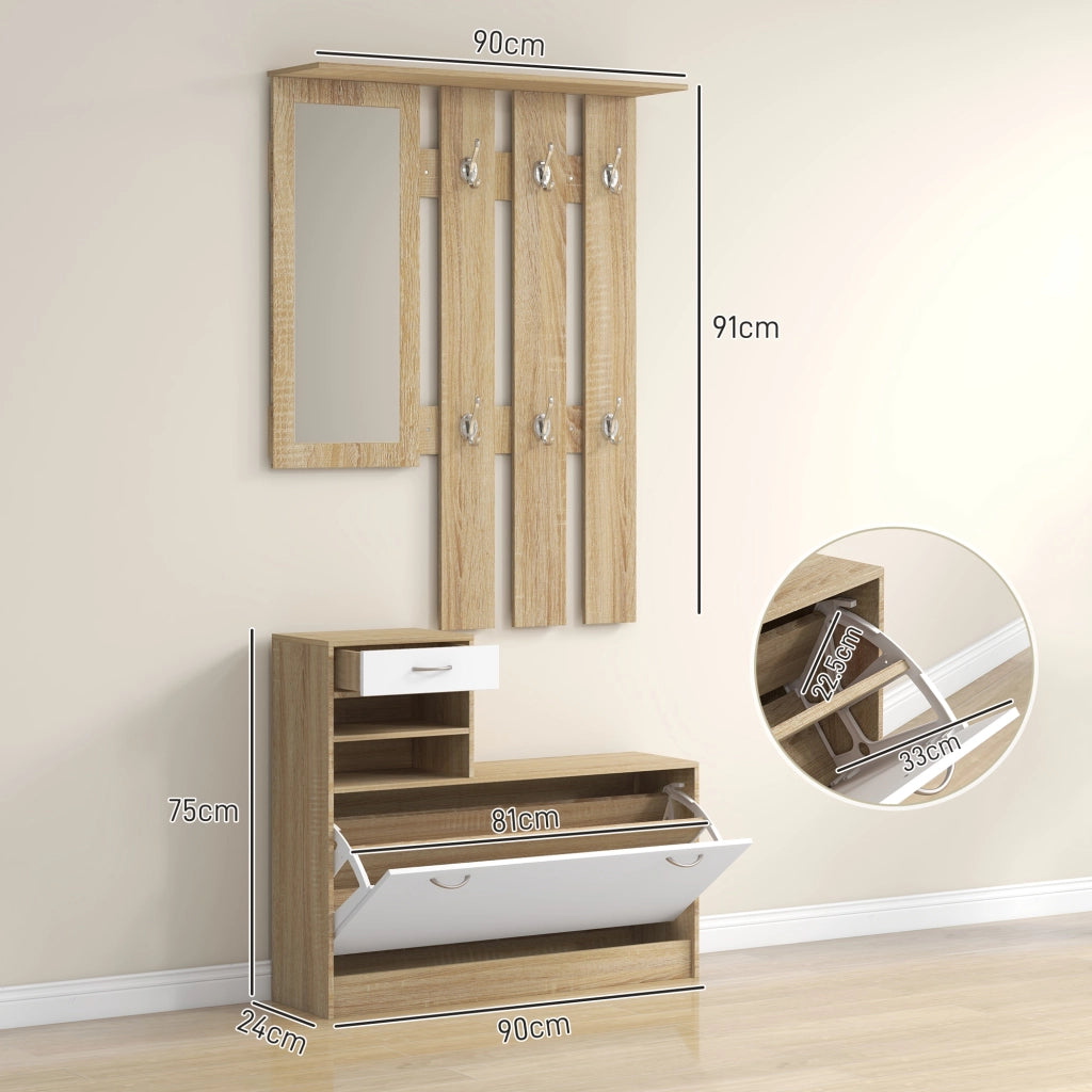 Mobile Appendiabiti 3 in 1 con Scarpiera e Specchio. Ganci e Cassetti. in Legno. 90x10x91 cm. Bianco e Quercia