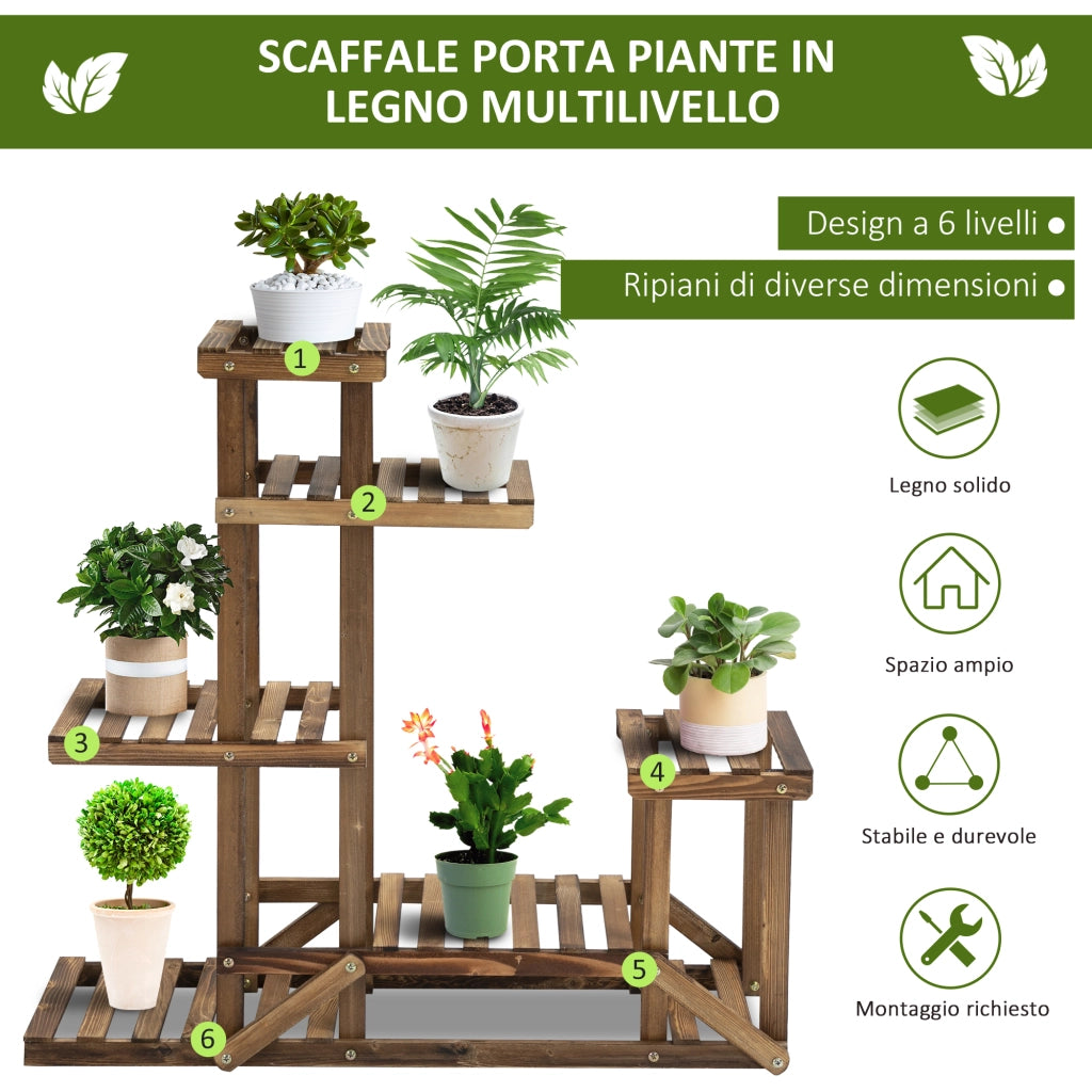 Scaffale Porta Piante Asimmetrico a 6 Livelli per Giardino e Casa in Legno, 98x28x96.5cm