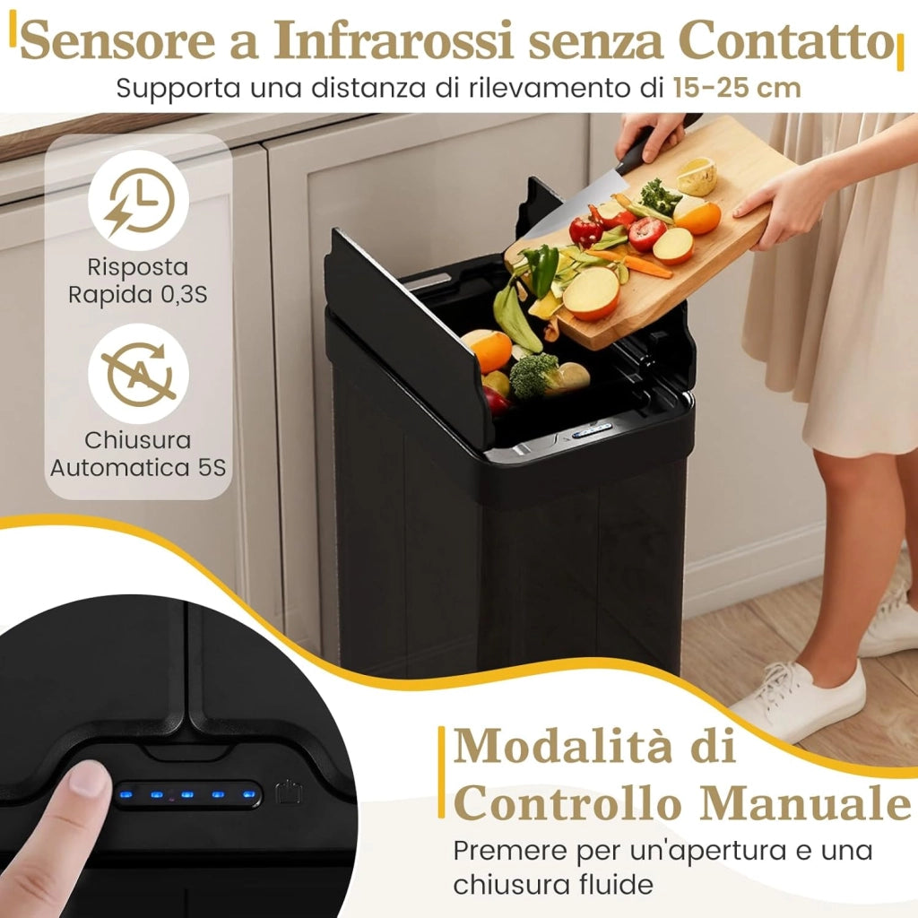 60L Cestino per Rifiuti con Coperchi a Ali, Pattumiera in Acciaio Inox Spazzolato con Sensore di Movimento a Infrarossi, Bidone Automatico per Camera da Letto, Bagno e Cucina (Nero)