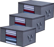 Set di 3 contenitori per organizzare gli indumenti con maniglie e chiusura a zip - 128L per coperte - lenzuola - asciugamani - contenitori per la camera da letto - pannello vetrato - trasportabile e pieghevole.