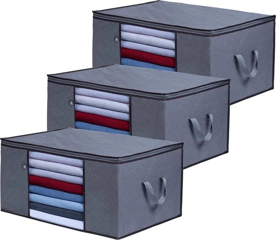 Set di 3 contenitori per organizzare gli indumenti con maniglie e chiusura a zip - 128L per coperte - lenzuola - asciugamani - contenitori per la camera da letto - pannello vetrato - trasportabile e pieghevole.