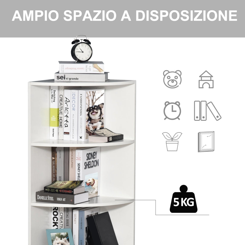Libreria ad Angolo da Parete e Muro con 4 Ripiani in Legno Bianco 39.5x39.5x120 cm