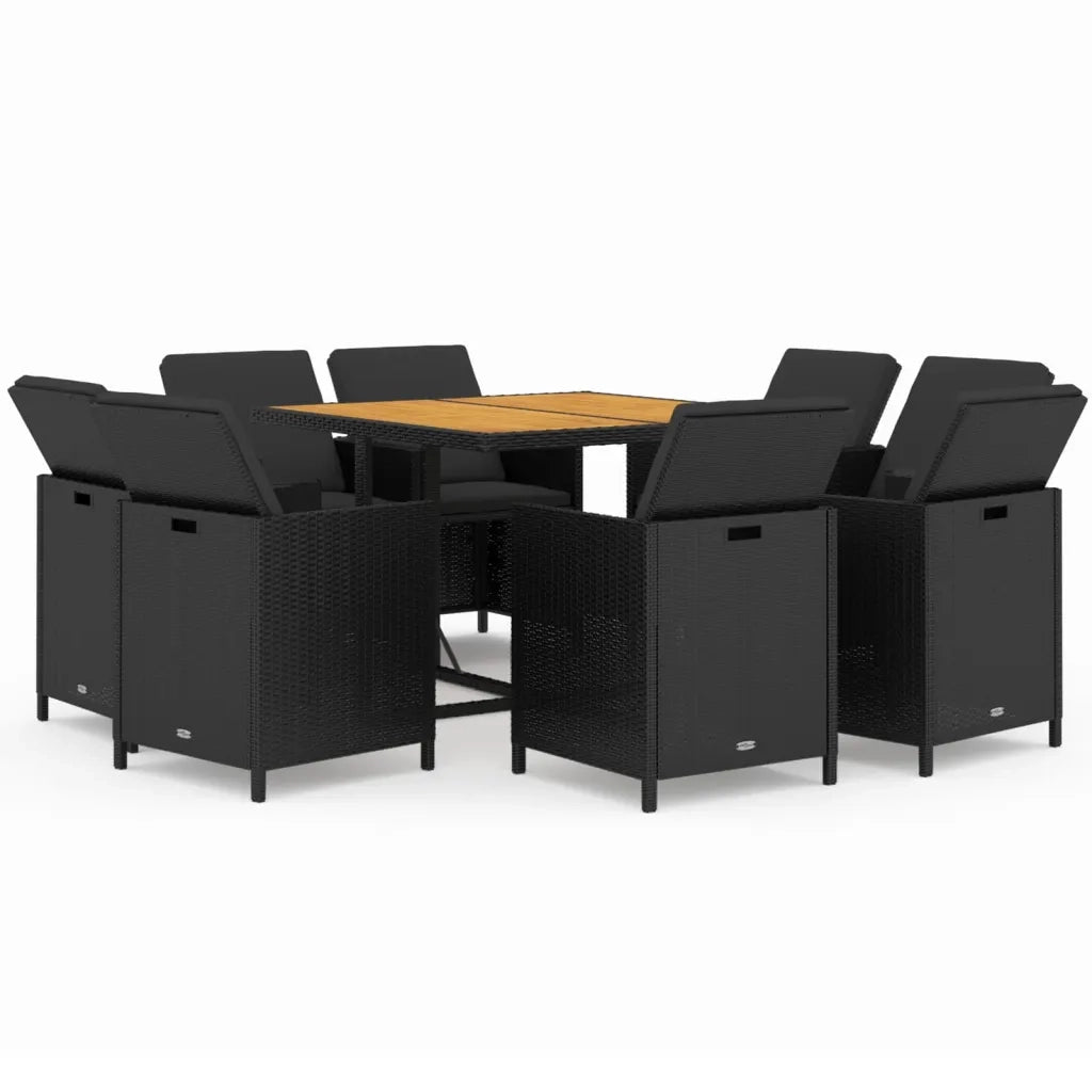 Set da Pranzo da Giardino 9 pz con Cuscini Nero in Polyrattan 3095521