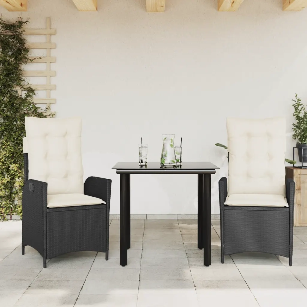 Set da Pranzo da Giardino 3 pz | Set Salotto da Giardino con Cuscini Nero in Polyrattan