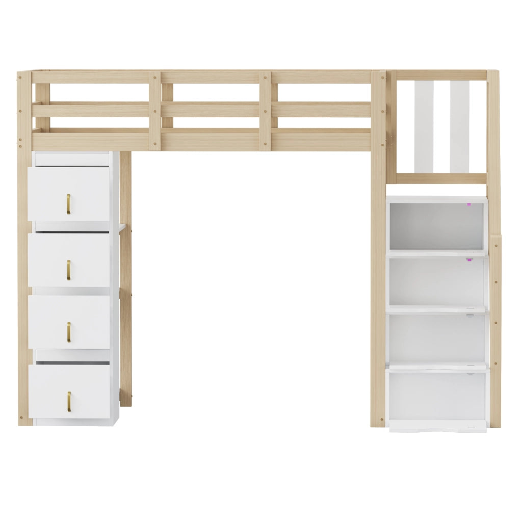 Letto a soppalco singolo 90×200 cm con 4 cassetti; ripiani e scala; senza materasso; legno naturale