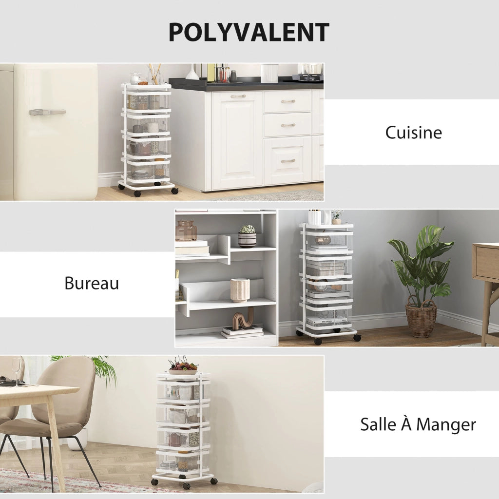 Carrello con 4 cestelli girevoli su ruote ¨C zephmum ¨C bianco, acciaio, 33x33x77cm