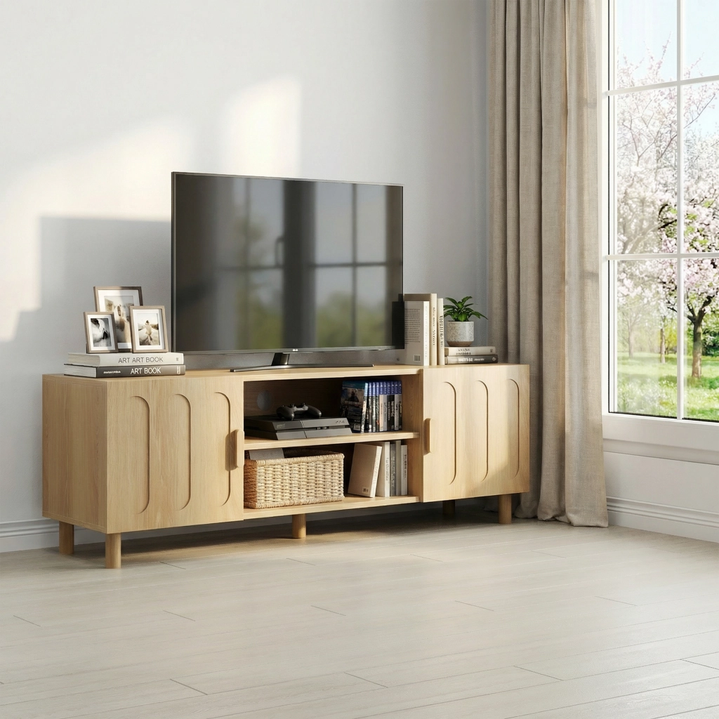 Mobile porta TV con ante e passacavi, maniglie in legno, stile rustico moderno per soggiorno, in MDF, rovere, 140 × 40 × 48 cm