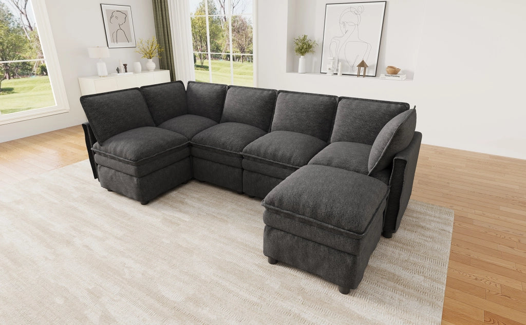 Divano modulare XXL 6 posti con funzione letto e pouf mobile componibile a U o L in chenille grigio 344 × 127 × 91 cm