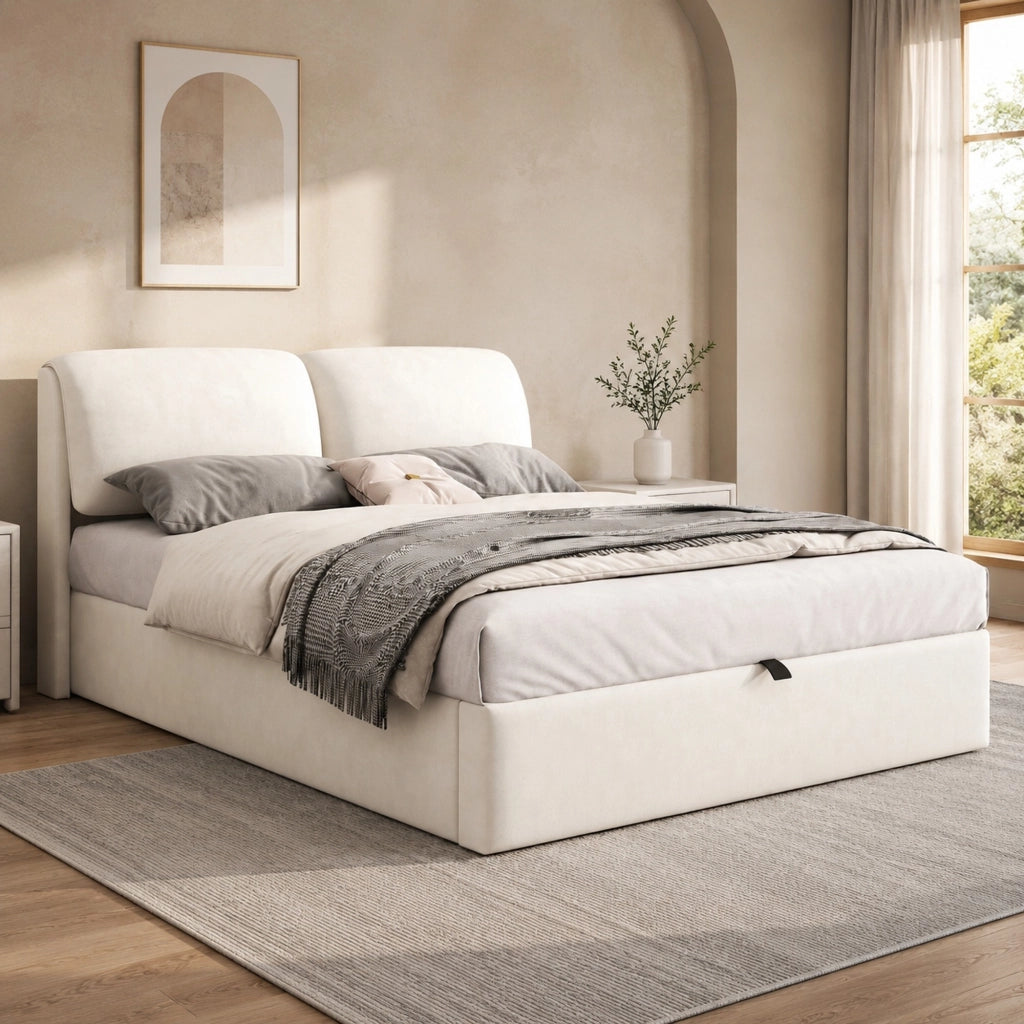LETTO Contenitore Idraulico 140x190 cm Velluto Beige con Testiera e 3 Cassetti