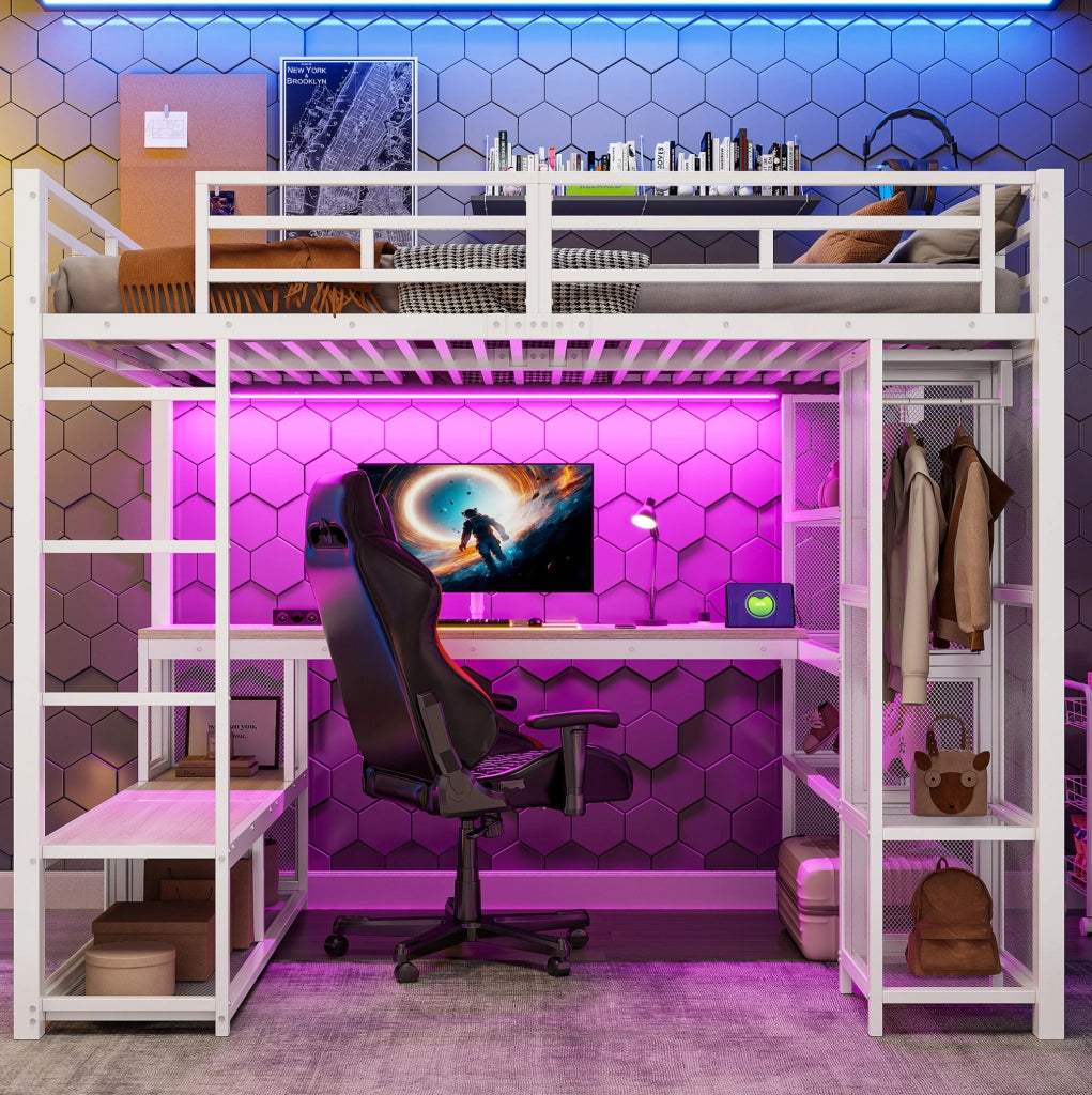 Letto a soppalco 140x200 con scrivania, LED e armadio