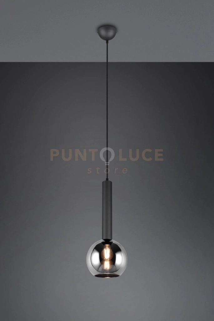 CLAYTON SOSPENSIONE METALLO NERO VETRO FUME' CROMATO D. 20CM 1 LUCE ATTACCO E27