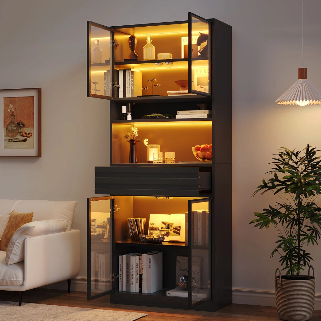 Vetrina, libreria, 80 x 35 x 200 cm, 4 ante in vetro, con cassetti, illuminazione a LED, nera