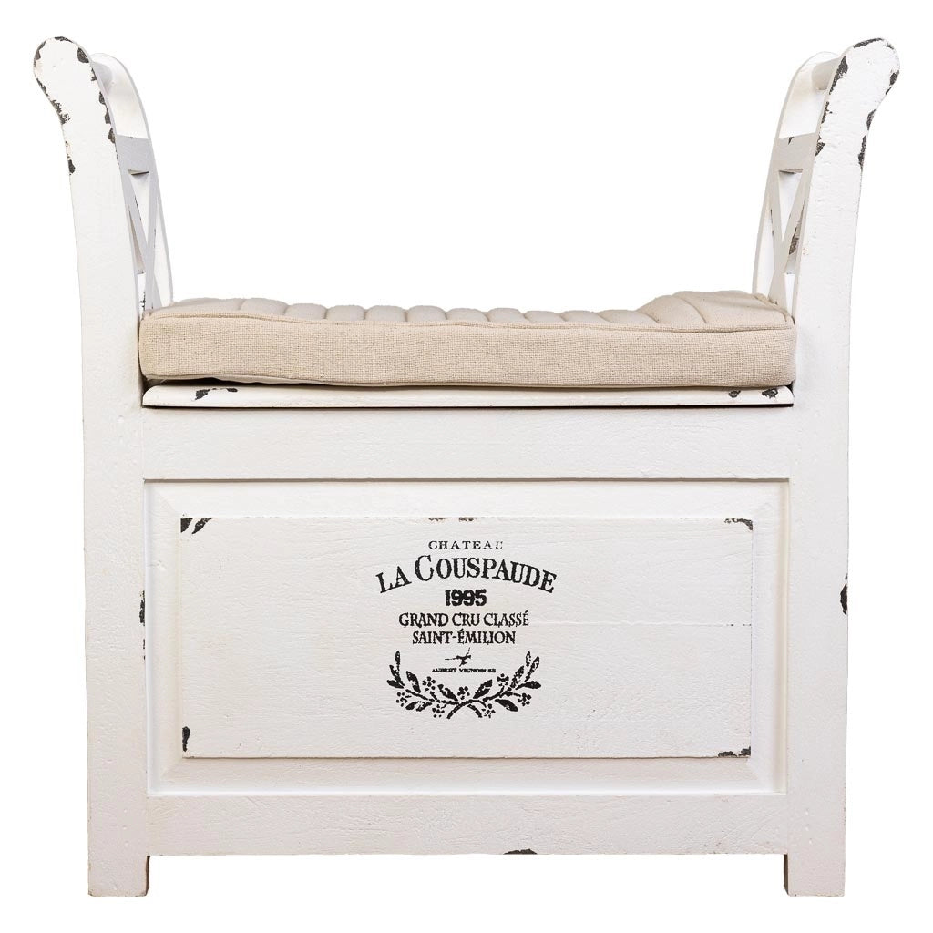 Sgabello in legno e metallo con cuscino bianco 72x33x73h