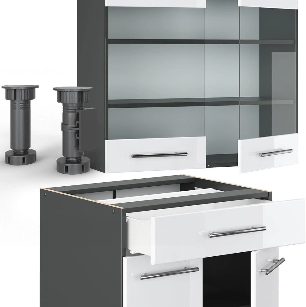 Cucina completa Fame-Line, Bianco lucido/antracite, 140 cm senza piano di lavoro, adatto per la combinazione individuale con altri moduli