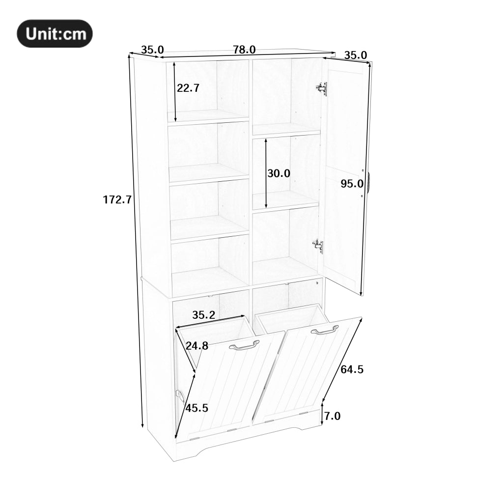 Armadietto da bagno in MDF con 2 cesti portabiancheria, 1 porta e ripiani regolabili, bianco, 78 × 35 × 172,7 cm