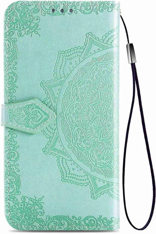 Case per smartphone portafoglio con rilievo mandala in pelle PU / TPU e chiusura magnetica. Verde, con stand da 90° e fessura per carte di credito. Protegge il tuo dispositivo e offre comodi spazi di stoccaggio.