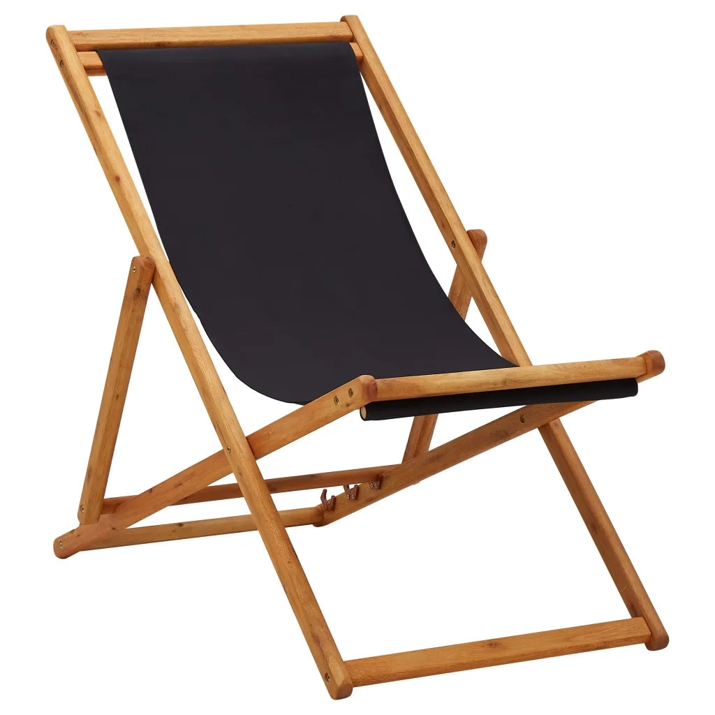 Sedia da Spiaggia Pieghevole Legno di Eucalipto e Tessuto Nero cod mxl 22786