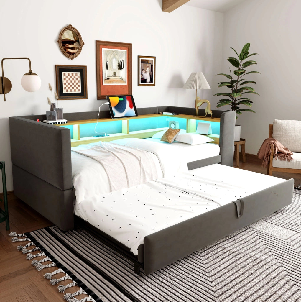 Divano Letto Imbottito 90/180 x 190 cm Grigio Scuro con LED e Prese