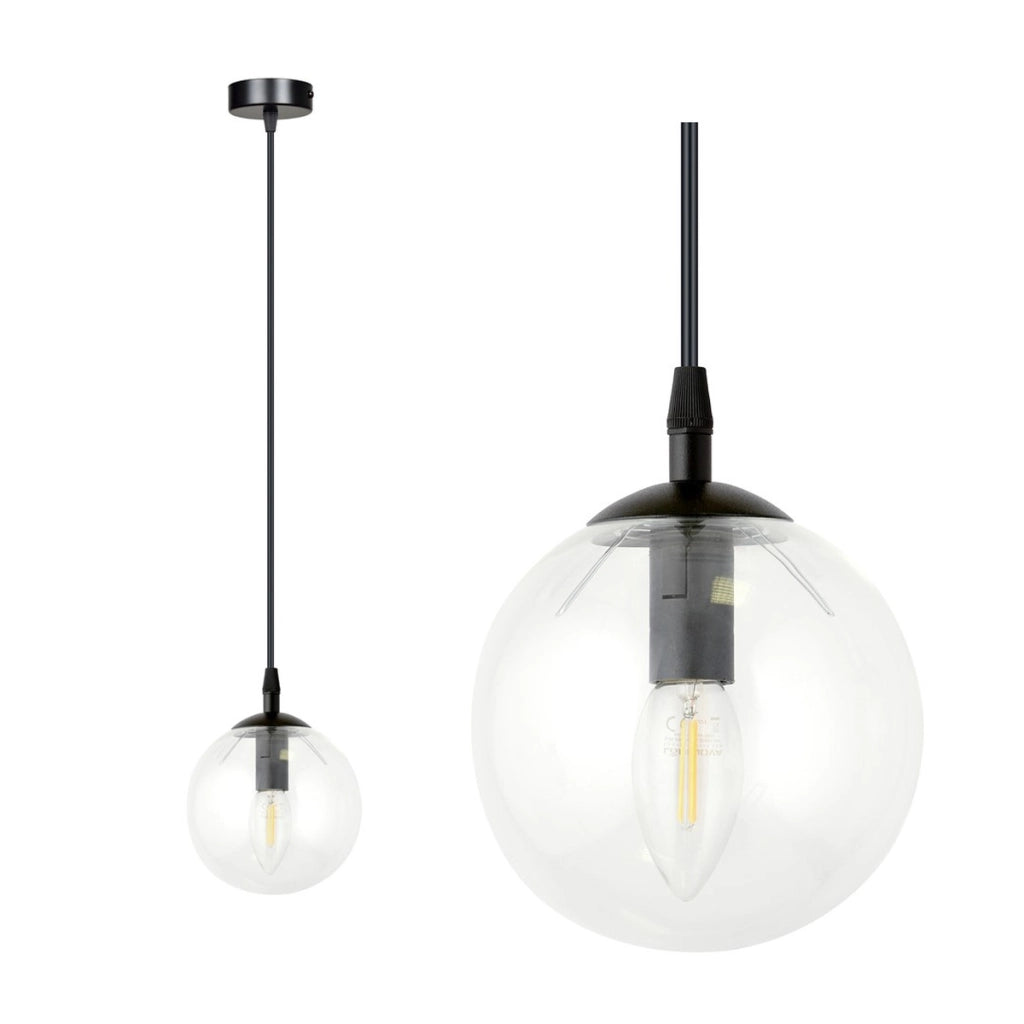 Lampada a sospensione Cosmo in acciaio nero e vetro trasparente