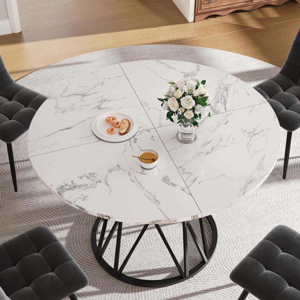 Tavolo da pranzo rotondo con piano in MDF effetto marmo e base in metallo, nero, 100 × 100 × 76 cm