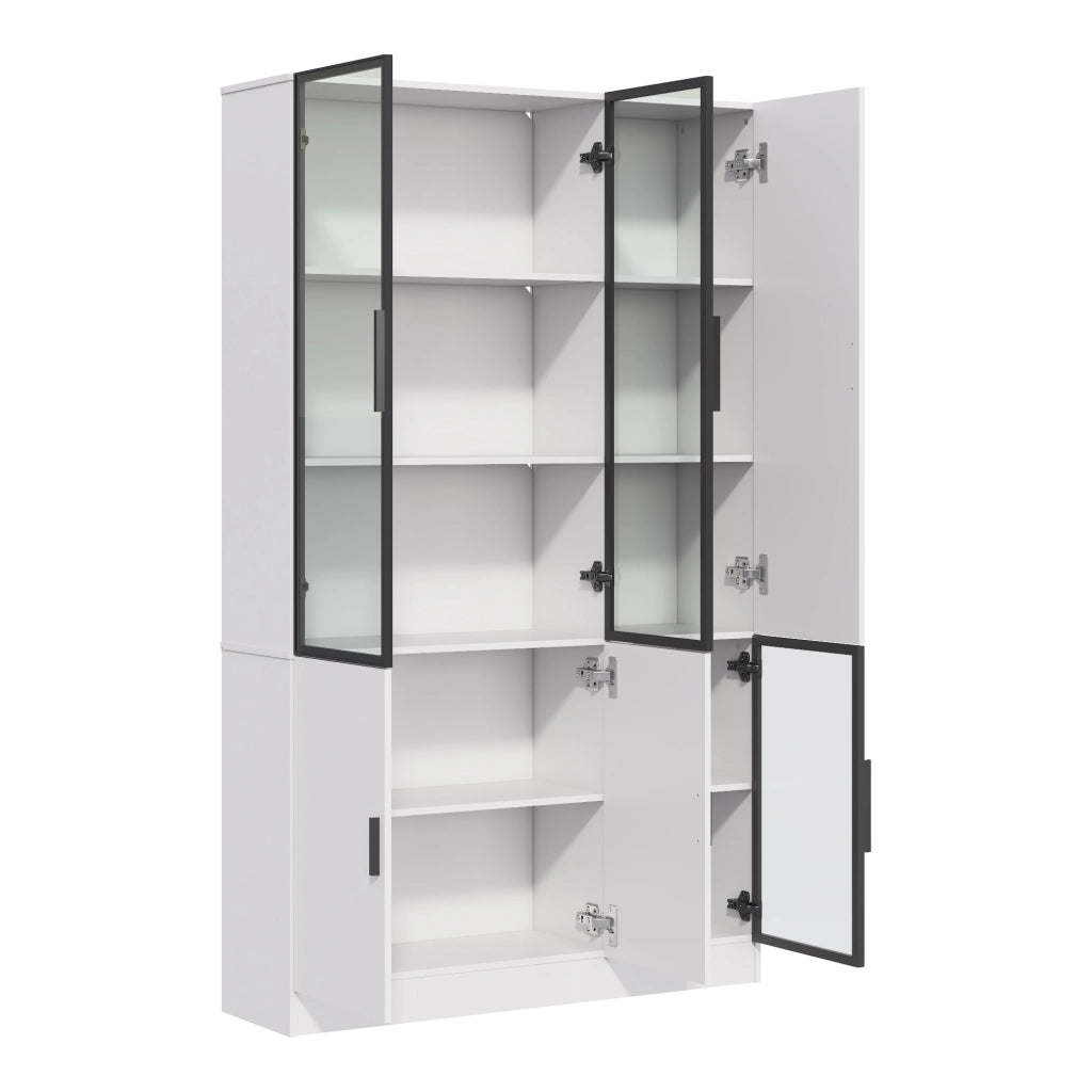 Vetrina con 3 ante in vetro e LED, 10 vani contenitore, per soggiorno e studio, bianco, 120 × 35 × 200 cm
