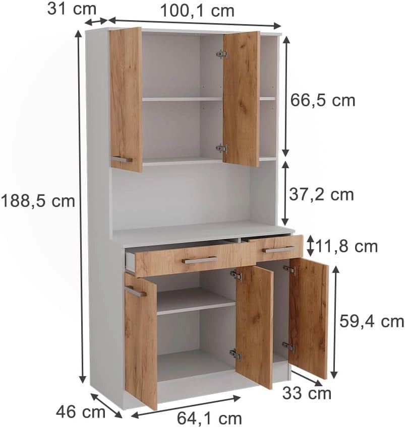 Buffet da cucina Raul, Rovere bianco/dorato, 100.1 x 188.5 cm con 5 porte e 2 cassetti, con ripiano aperto per dispositivi e spazio di archiviazione espandibile